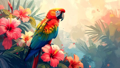 Obraz premium Vibrant parrot amidst lush tropical blooms