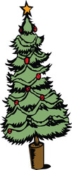 Vector art of a cartoon illustration of a decorated christmas tree with ornaments and a star on top