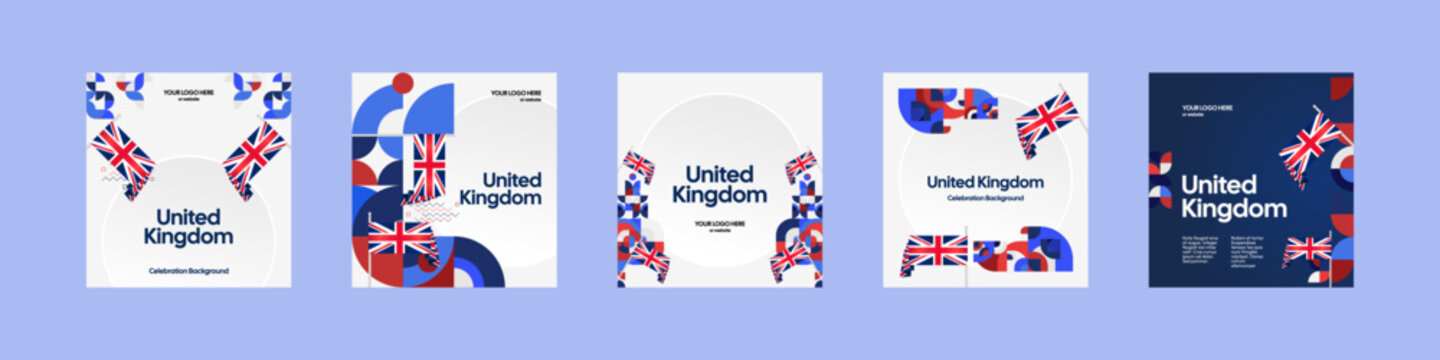 United Kingdom template set. National celebration themes poster with Union Jack flags and colorful geometric design. Festive background ideal for social media post, cover, greeting card, and events.