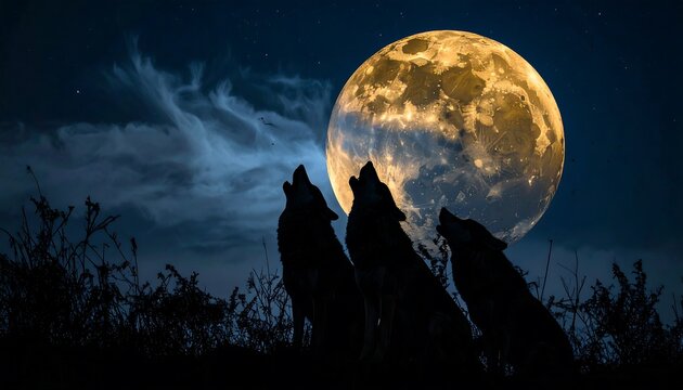 Wolves howl at a large orange moon at night - Powered by Adobe