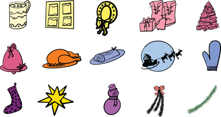 Vector art of assortment of colorful christmas icons including gifts, turkey, and snowman