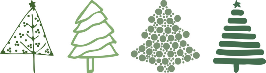 Vector art of four stylized green christmas trees with different patterns and textures