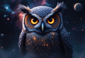 Owl in cosmic nebula