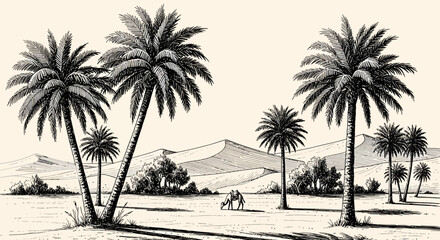 Illustration of a desert landscape with palm trees, sand dunes, and a camel grazing in the foreground.