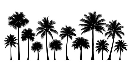 A collection of various black palm tree silhouettes isolated on a clean white background.