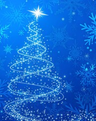 Christmas tree with star on blue background with snowflakes for winter holiday