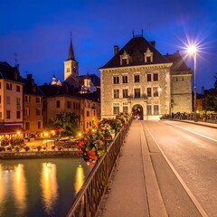Obraz premium European town bridge at night
