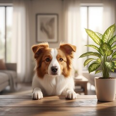 A reddish-brown and white Border Collie dog sits attentively at a wooden table, paws resting on the surface. A houseplant is beside it in a modern, light-filled living room.