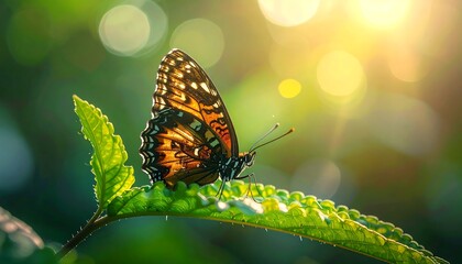 Sunlit butterfly rests on vibrant green leaf