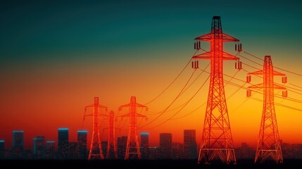 Naklejka premium Power Grid Cityscape: Energy, Infrastructure, Transmission