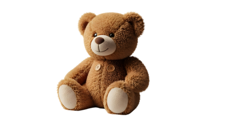 Cuddly teddy bear sitting upright, radiating warmth and comfort, perfect for children's products or heartfelt messages of love and friendship. Soft and plush