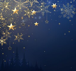 Golden christmas background with snowflakes and stars on dark blue backdrop