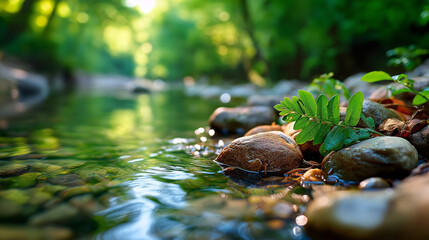 Obraz premium River flowing through forest under gentle lighting, highlighting peace, river soft flow, tree detail close-up, serene nature scene, calm forest lighting, with copy space