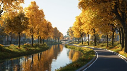 Golden Autumn - Serene Canal Path with Sunlit Trees and Winding Road.