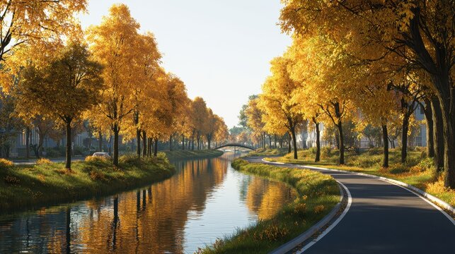 Golden Autumn - Serene Canal Path with Sunlit Trees and Winding Road.