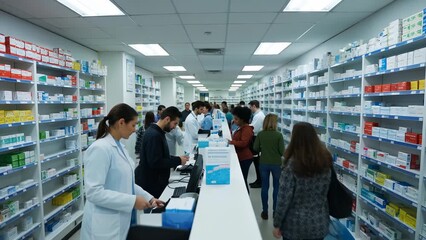 Busy Pharmacy Environment with Staff and Customers Engaged in Transactions