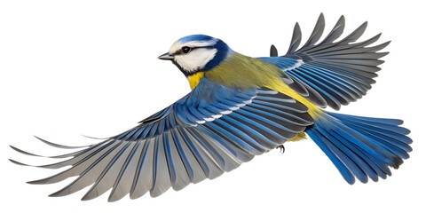 Fototapeta premium Blue Tit PNG – Realistic Flying Small Bird on Transparent Background