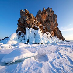 Frozen rock formations on a snowy lake