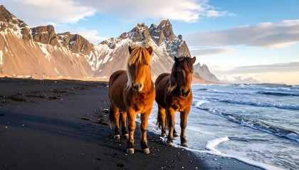 Two brown horses stand on a black sand beach, looking at the camera, with a rocky mountain range in the background under a blue sky