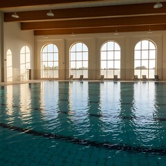 Fototapeta premium A spacious indoor swimming pool bathed in natural light from large arched windows. Clean lines and a tranquil atmosphere are evident. Loungers line the poolside.