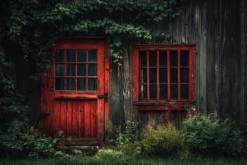 Rustic Red Door and Window of an Overgrown Cabin in Moody Forest Light.