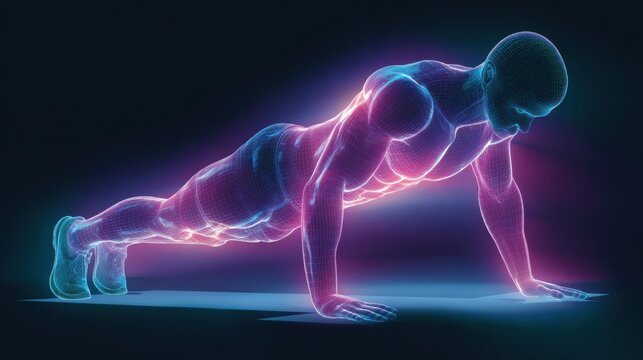Dynamic Push-Up in Futuristic Style Showcasing Vibrant Neon Colors and Muscular Form