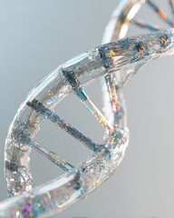 Translucent double helix dna structure shining with prismatic light effects emphasizing its elegant scientific geometry
