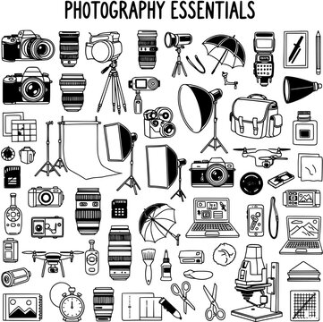 Black and White Line Art Collection of Photography Essentials: Cameras, Lenses, Studio Lighting, Drones, and Accessories for Professional and Hobbyist Photographers