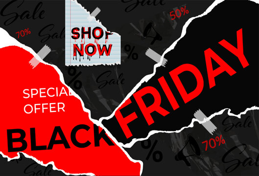 Modern Black Friday sale banner with ripped paper effect, bold red and black typography, discount text shopping promotion message. Perfect for advertising, e-commerce, marketing and seasonal offers