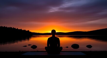 Silhouette of a person meditating in a serene lotus pose by a tranquil lake at sunset, with vibrant orange and purple hues reflecting on the water and a dark...