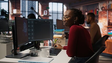 Software engineer solving tasks with AI LLM chatbot answering prompts using predictive technology....