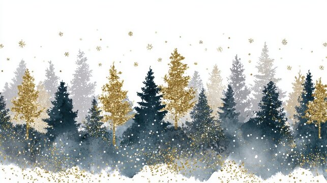 Enchanting Watercolor Winter Forest Border with Golden Pines and Sparkling Snowfall.