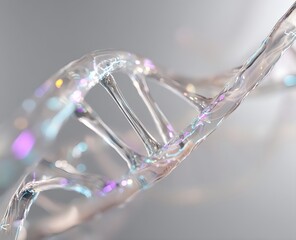 Translucent dna strand twisting upward in ethereal clarity with rainbow refractions of light across a minimalist blurred backdrop