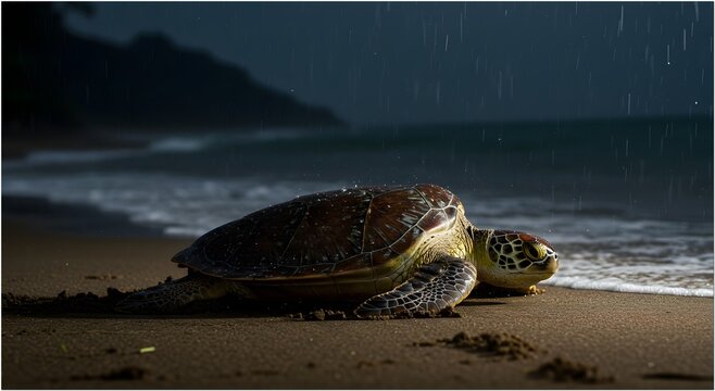 Green Sea Turtle Nesting on Rainy Night Beach Enggano Island