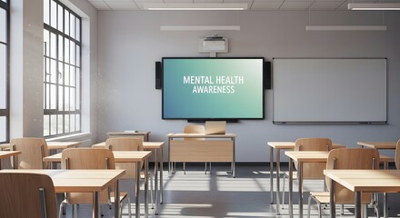 An empty classroom with desks, chairs, and a projector screen displaying "Mental Health Awareness" in a serene gradient.