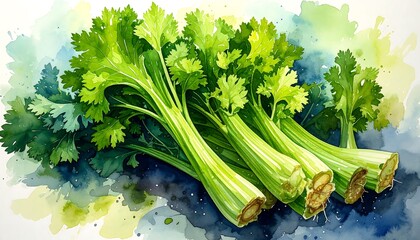 Watercolor of fresh celery stalks arranged on a dark surface with a light background