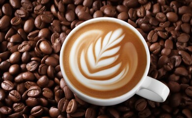 White cup of coffee displaying beautiful latte art, surrounded by a texture of aromatic roasted coffee beans