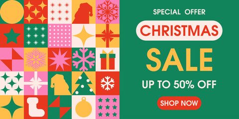 Christmas sale banner design with festive patterns. Festive shopping promotion with geometric elements. Seasonal website promotion.