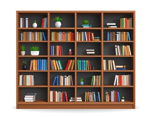 Full bookcase, many books, plants