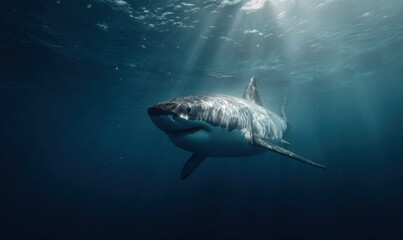 Fototapeta premium Majestic Great White Shark Swimming in Deep Blue Ocean.
