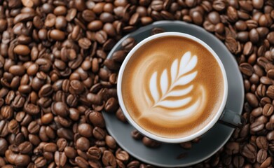 Fototapeta premium Warm coffee drink with frothy milk art, served in a cup, surrounded by roasted aromatic coffee beans