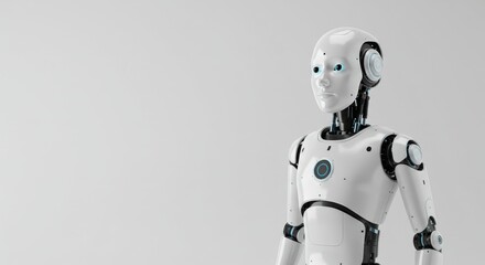 Fototapeta premium Futuristic White Humanoid Robot Standing Against a Clean White Background, AI Concept.