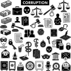 Corruption related icons set: crime, justice, finance, and political symbols illustrating bribery, fraud, and illicit activities.