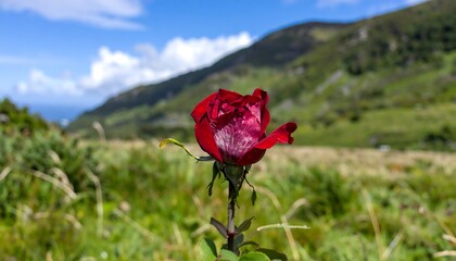 Red rose blooms in a grassy field against a backdrop of blurred mountains and blue sky