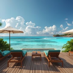 Obraz premium Outdoor Beachside Patio with Lounge Chairs and Ocean View