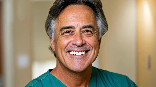 Smiling Doctor: A close-up portrait of a compassionate doctor, radiating warmth and experience, captured with exceptional detail. 
