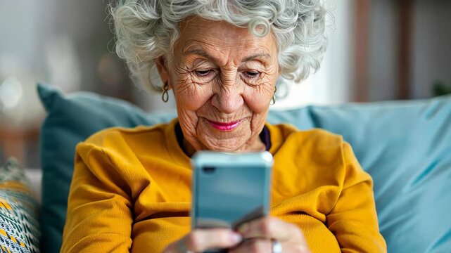 Smart Connections: An older woman is engrossed in a phone, staying connected with the world, the image depicts a warm, human moment, demonstrating modern tech adaptability across generations.