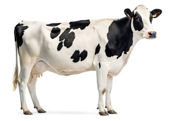 A full body side view of a black and white holstein cow standing on a white background in a studio shot