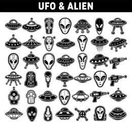 UFO and Alien Icon Set: A Collection of Flying Saucers, Extraterrestrial Faces, and Sci-Fi Elements in Bold Black and White Line Art