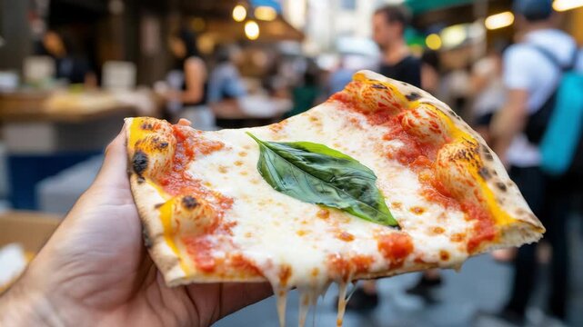 Handheld cheesy pizza slice in vibrant urban street with blurred background motion